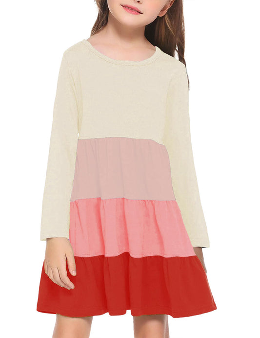 Arshiner Girls Long Sleeve Dress Fall Cotton Crewneck Tiered Ruffle Swing Solid Casual Midi Dresses Begie-Pink-Coral 6 Years