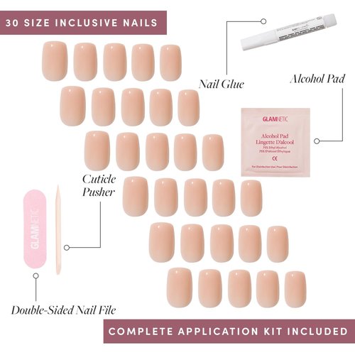Glamnetic x GLAMZILLA Press On Nails - Short Squoval Nude Fake Nails | Salon Quality, 30 Nail Kit with Glue, 15 Sizes