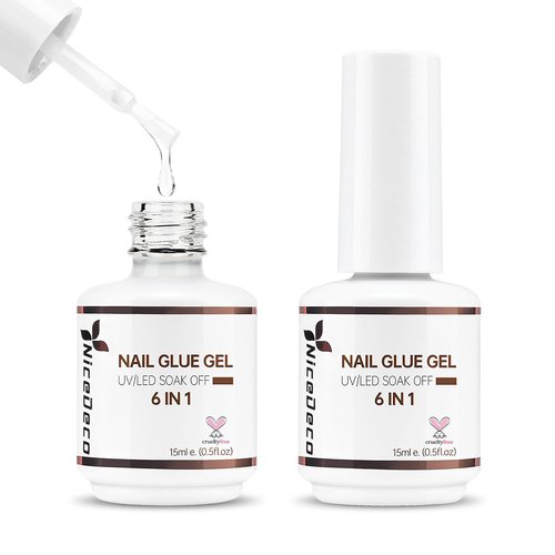 Nicedeco Gel Polish 6 in 1 Nail Glue Gel for Acrylic Nails, Hema Free, Cruelty Free, Vegan 2 Pcs 15ml Super Strong Brush in Nail Gel Glue for False Nails Tips and Gel Nail Polish Led Lamp Required