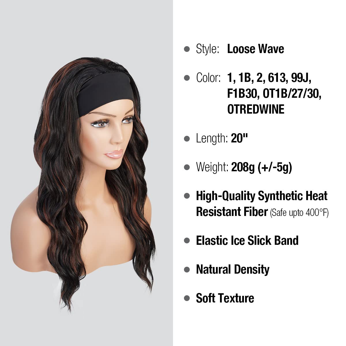 STUDIOCUT BY PROS Headband Wig 20 Inch Loose Wave Quick Wrap Headband Wig Long Wavy Curly Wigs for Black Women High Heat Resistant Synthetic Wigs HBW004 (20 Inch (Pack of 1), F1B/30)