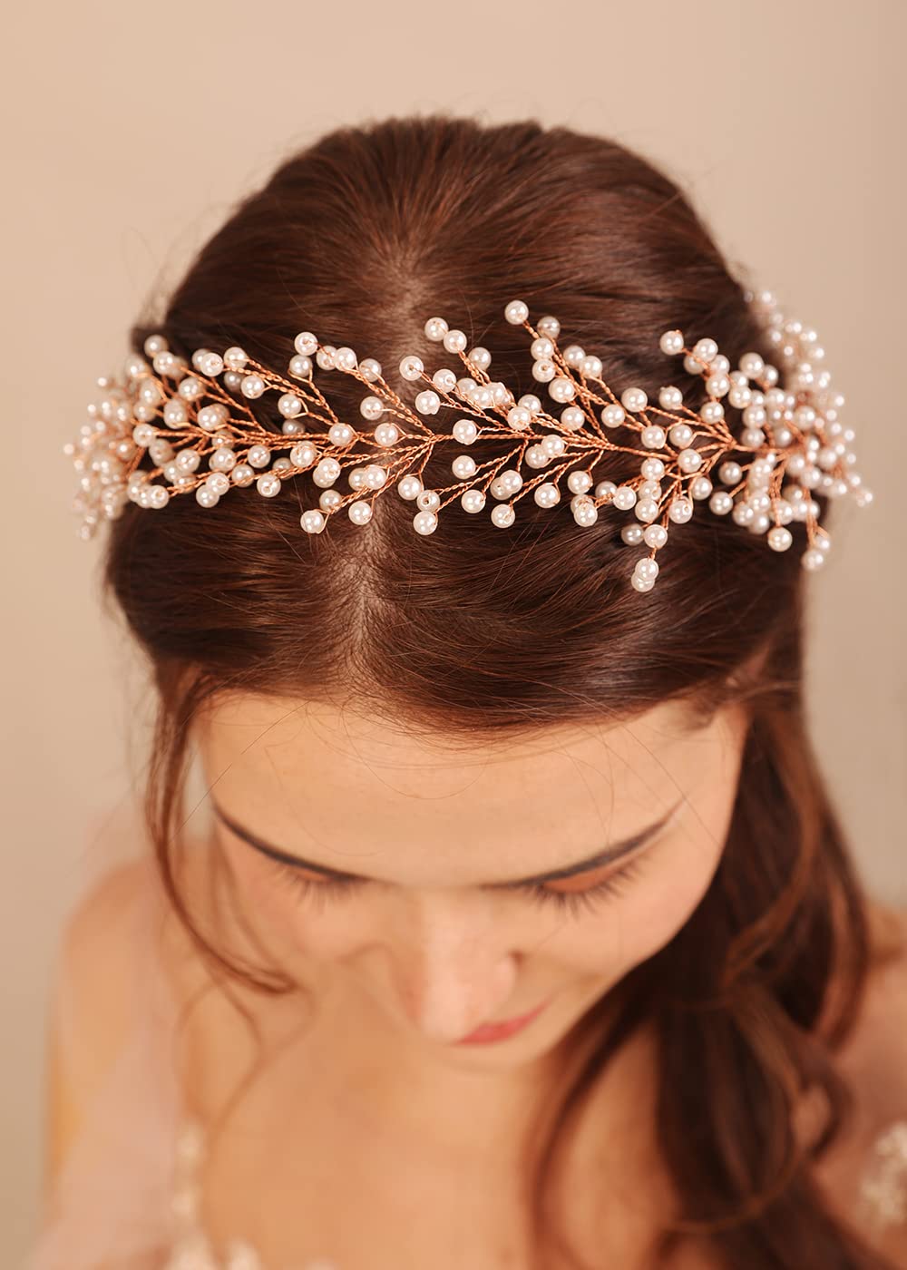 Kercisbeauty Pearl Headpiece for Wedding Brides Women Boho Hair Vine Princess Hair Tiara Jewelry for Special Occasion Bridal Shower Headband (Rose Gold)