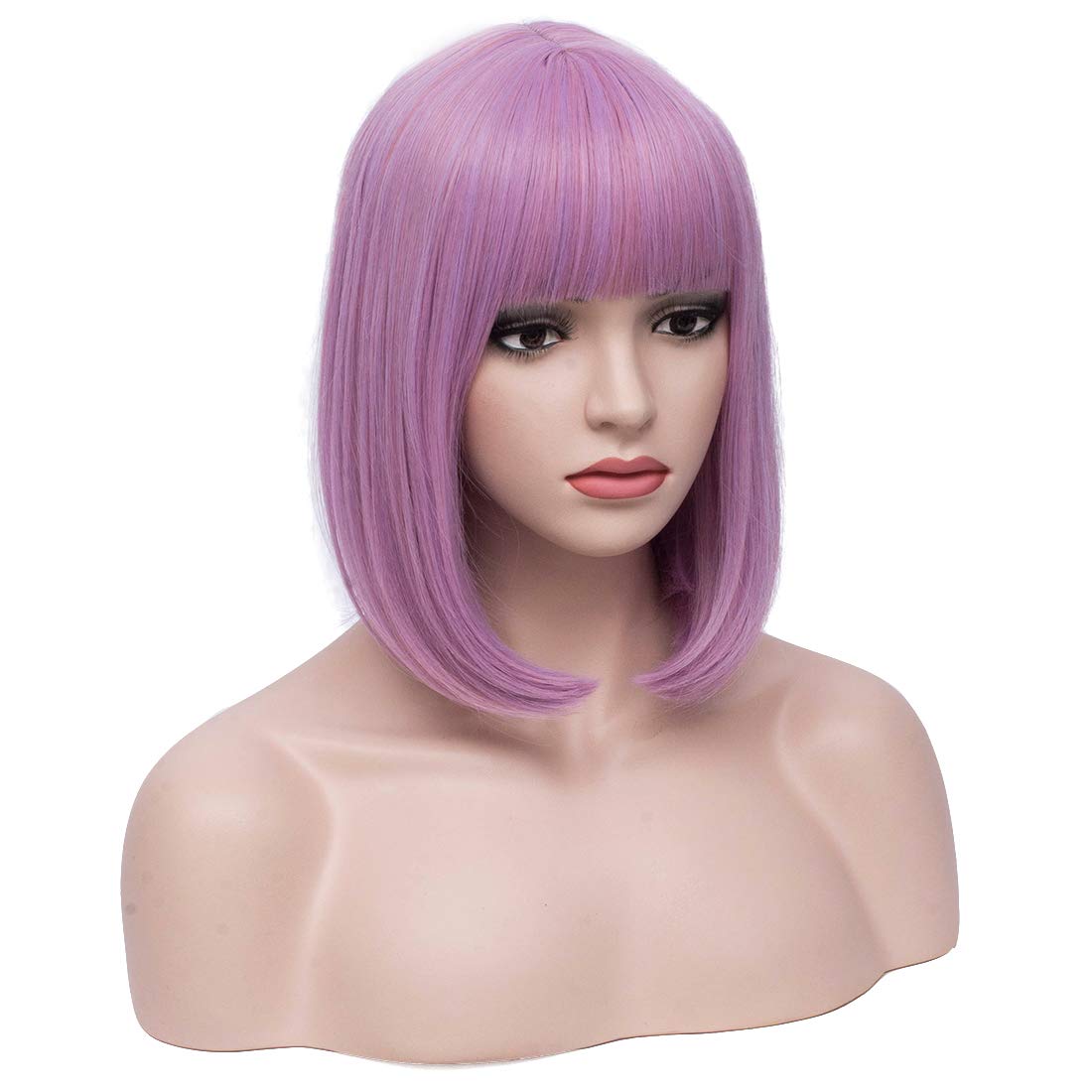 BERON 12 Inches Lavender Bob Wig Short Straight Purple Wig with Bangs for Women Light Purple Wig Halloween Cosplay or Daily Use Wigs (Lavender Purple)