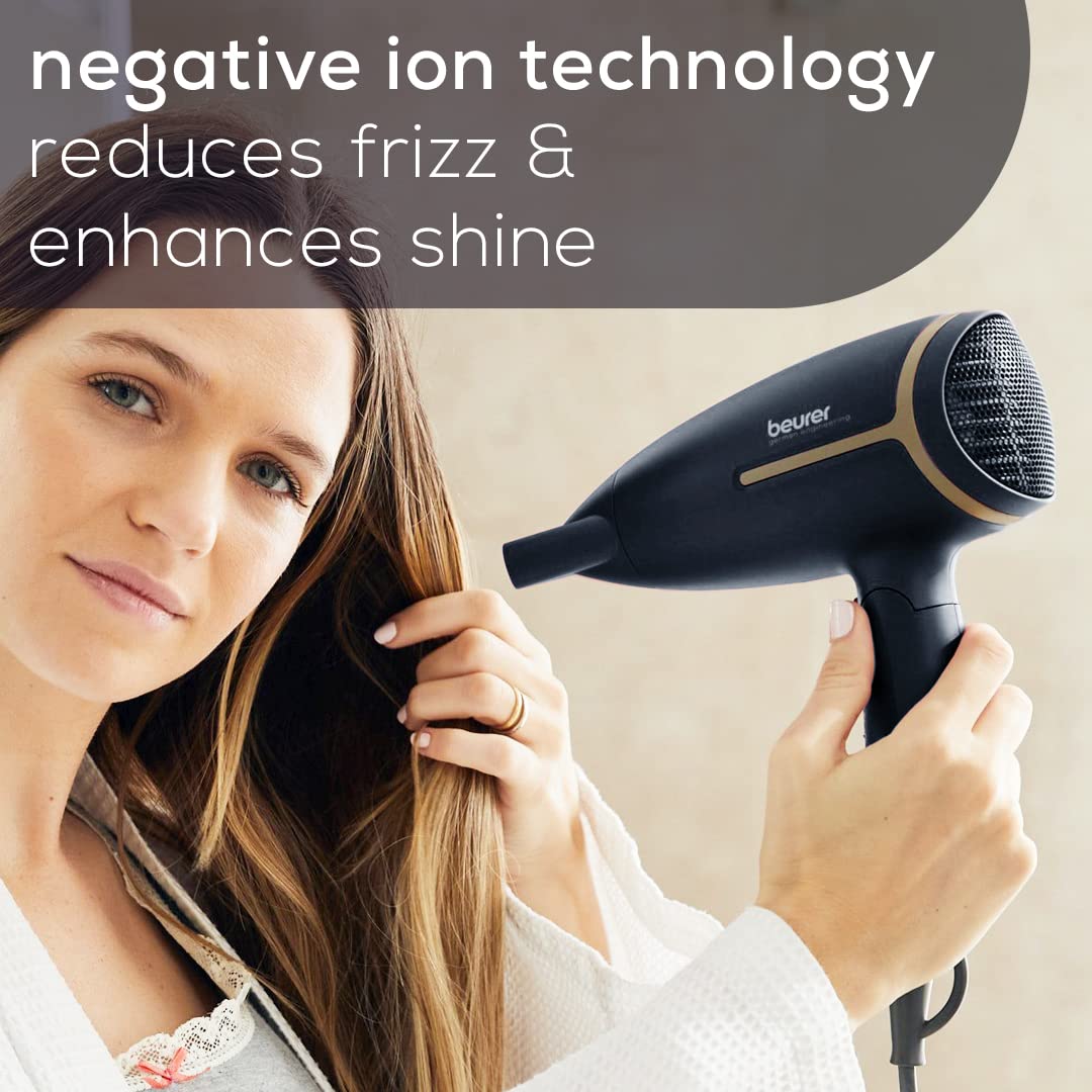 Beurer Ionic Hair Dryer - 1600W Travel Blow Dryer with Voltage Switch & Foldable Handle | Black/Rose Gold
