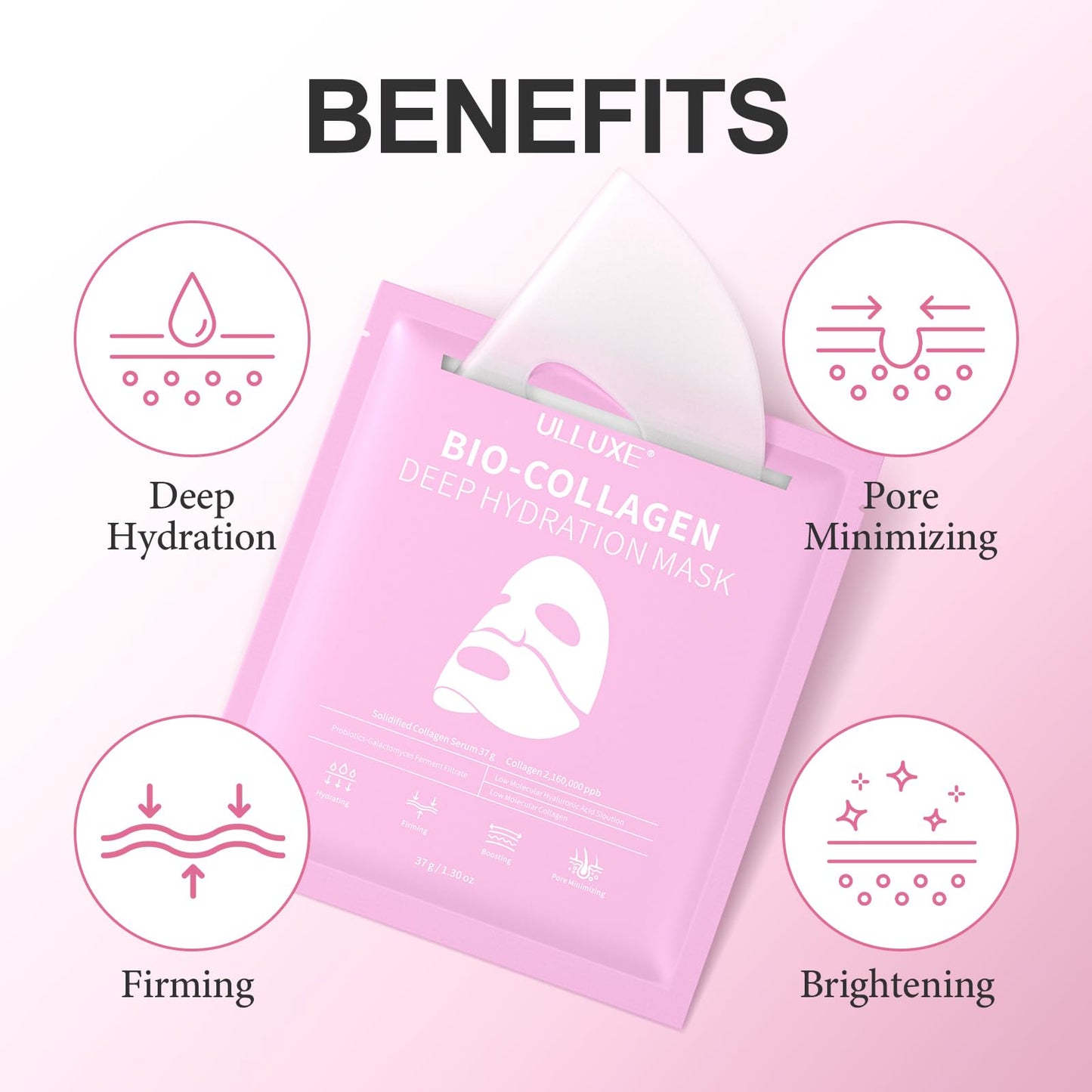 ulluxe Deep Collagen Face Mask, Bio-Collagen Overnight Facial Mask, Hydrating Firming Anti-Aging and Moisturizing, Korean Skincare Masks, Stocking Stuffers for Women & Teen Girls, 37g, 4ea