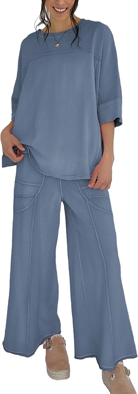 Skiennix Women's 2-Piece Lounge Set - Oversized Sweatshirt & Wide Leg Pants | Casual Travel Outfit