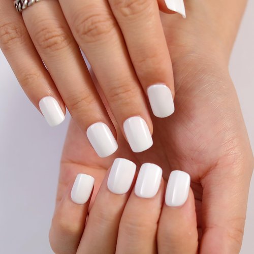 Stbisen Milky White Press On Nails Short, Glossy Soft Gel Press On Nails Square with Nail Glue, 15 Sizes - 30 Fake Nails Kit, Thick Natural Reusable Glue On Nails for Women, White Mirage