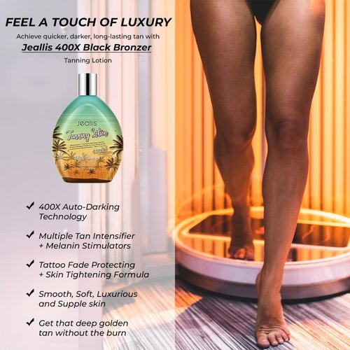 Jeallis Extreme Dark Tanning Lotion Accelerator for Indoor Tanning Beds & Outdoor Sun Tan with Bronzer to Get Dark Fast Tan, Bronzing Tanning Lotion with Tattoo Protecting Formula, DHA Free, 13.5oz