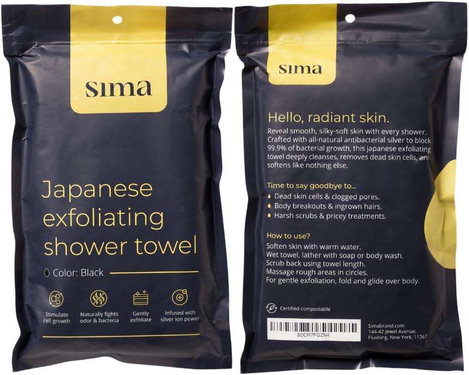 Sima Exfoliating Washcloth - Japanese Hexagon Fiber Body Scrubber Towel, Extra Long Dual-Sided (Black)