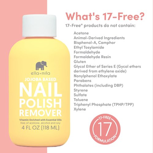 Ella+mila Jojoba Nail Polish Remover - Non-Acetone, Vegan Formula with Jojoba Oil & Vitamins (4 fl oz)