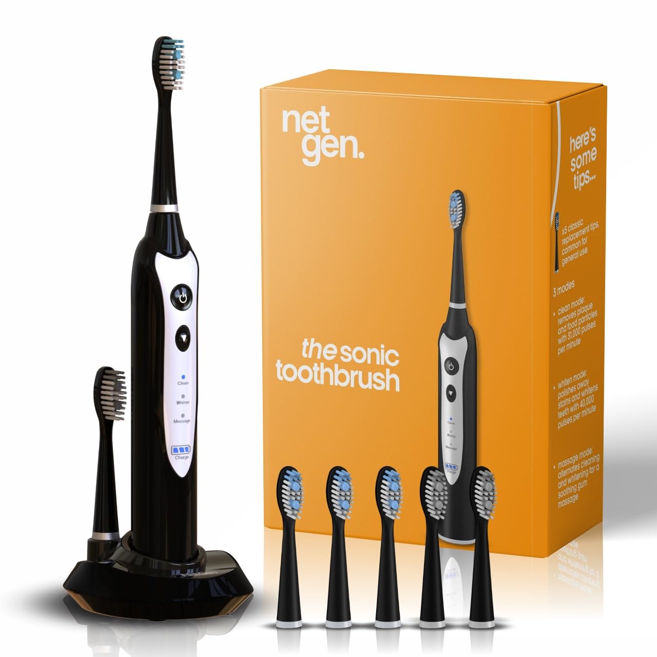 Sonic Electric Toothbrush - Rechargeable Power Brush with 5 Heads & Travel Case | Black, 3 Modes, Soft Bristles