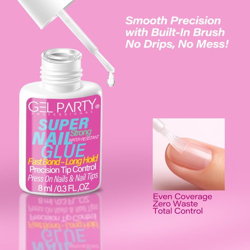 GELPARTY Super Strong Brush On Nail Glue for Press On Nails & Tips - Quick Dry Clear Acrylic Nail Adhesive (8ml) - Long Lasting Salon Bond for Fake Nails & Broken Nail Repair - Mess-Free Application