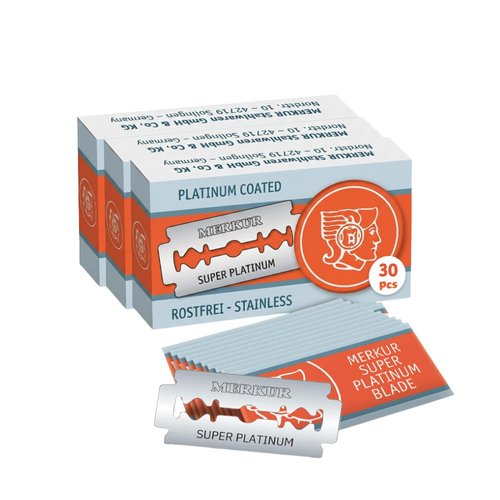 MERKUR SUPER Double Edge Safety Razor Blades - Precision Stainless Steel with Platinum & Teflon Coating | 10 Count (Pack of 3)