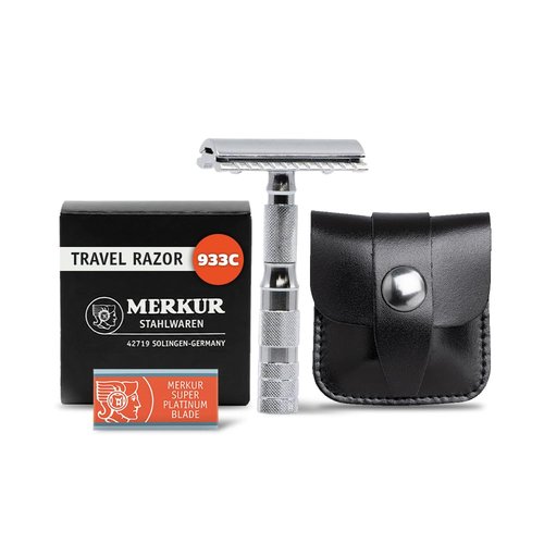 Merkur 933C Travel Double Edge Safety Razor - Compact Design with Leather Case, Chrome Finish