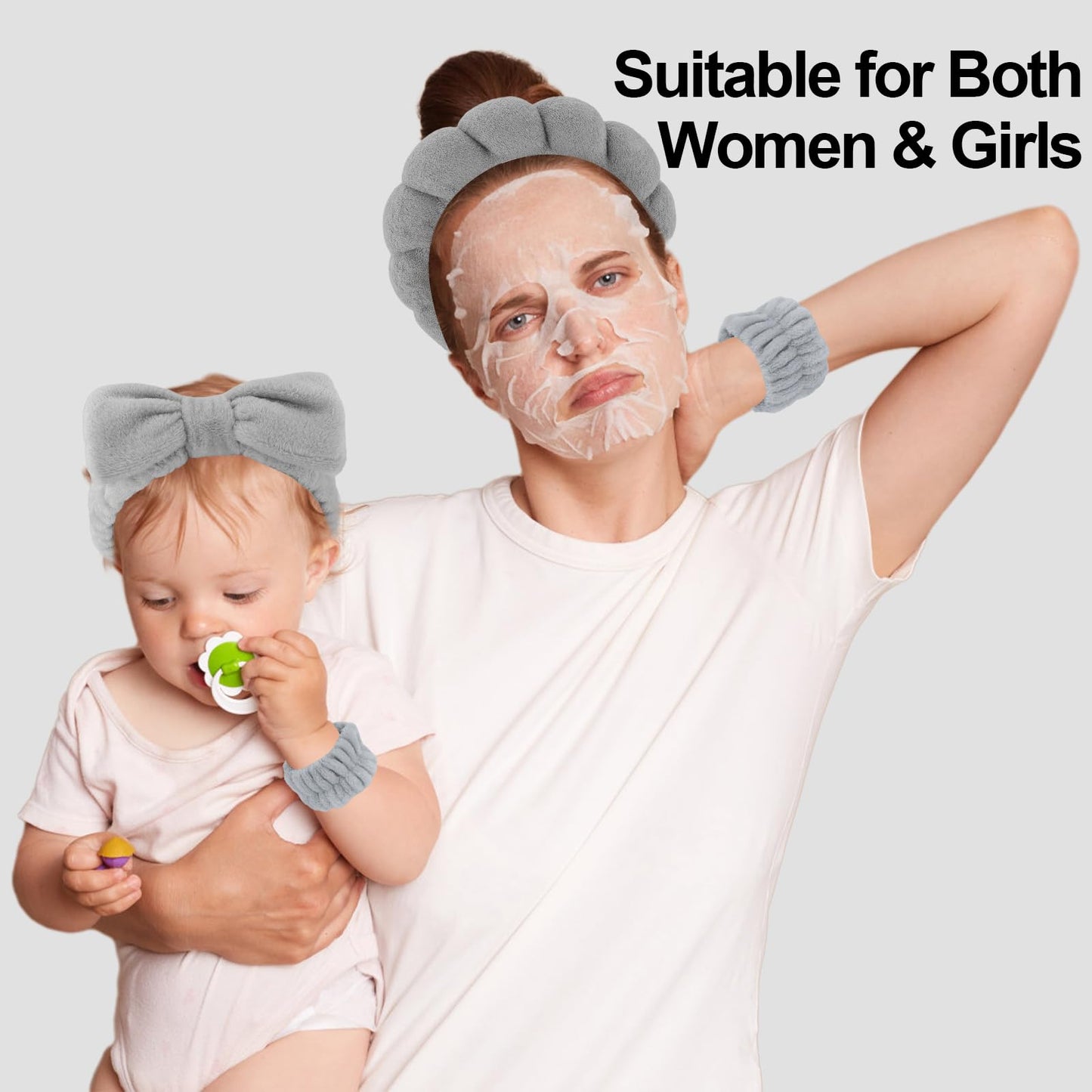 Canitor Sponge Spa Headbands Wristband Set with Hair Clips Skincare Headbands for Washing Face Non Slip Puffy Terry Cloth Makeup Headband Face Wash Wrist Bands Cute Trendy Stuff (gray)