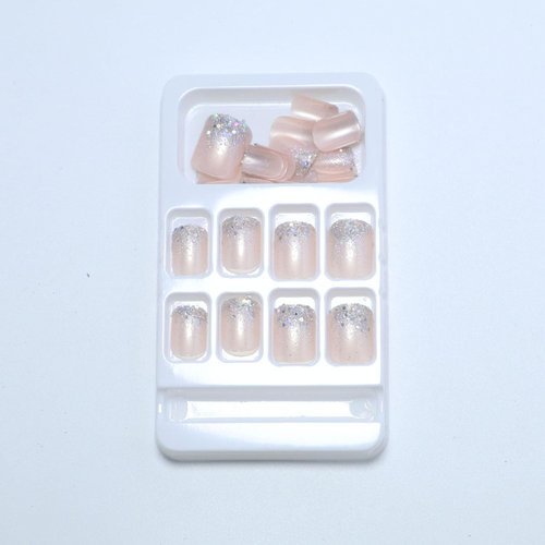 Press on Nails Short Square Fake Nails Glitter Sequins Acrylic Nails Glossy Light Pink Glue on Nails Cute False Nails Translucent Stick on Nails for Women Girls 24 Pcs