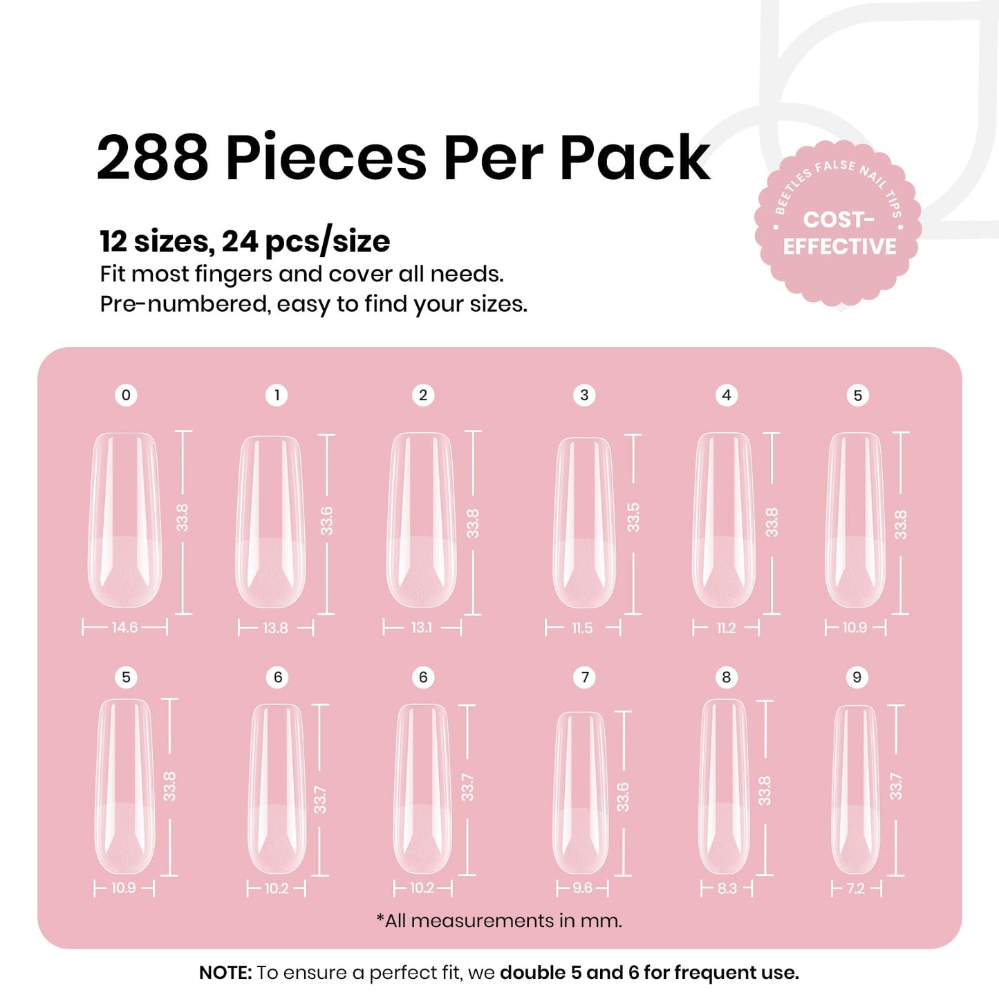 Beetles Gel Nail Tips Long Square 12 Sizes, 288Pcs Pre Shaped Half Matte Press On Nails Gelly Tips False Nails for Gel Nail Art Nail Extensions Acrylic Nails Gift