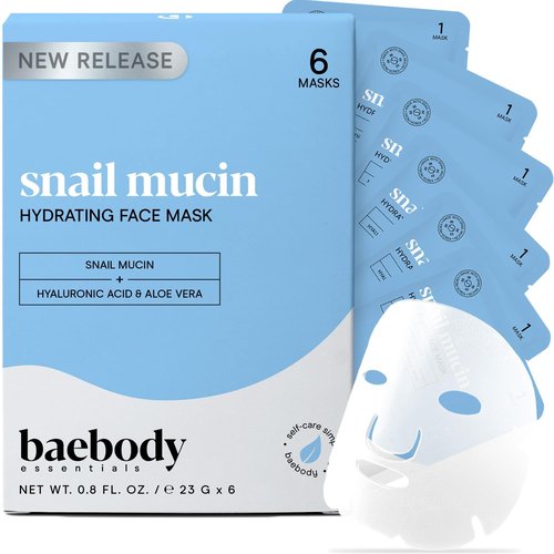 Baebody Snail Mucin Face Mask - Hydrating Sheet Mask with Hyaluronic Acid | 6 Pcs for Youthful Skin