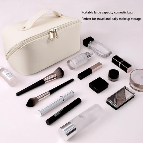 Large Capacity Cosmetic Bag, Travel Cosmetic Storage Bag with Handle, Portable Zipper Cosmetic Bag Toiletry Bag Makeup Bag Large with Compartments for Women Girls (White)