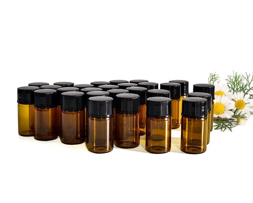 AGENIZ 50Pcs 3ml Amber Sample Bottles,Mini Glass Essential Oil Bottle, with Black Screw Caps, for Travel Essential Oil and Perfume Vials Bottles (3ML)