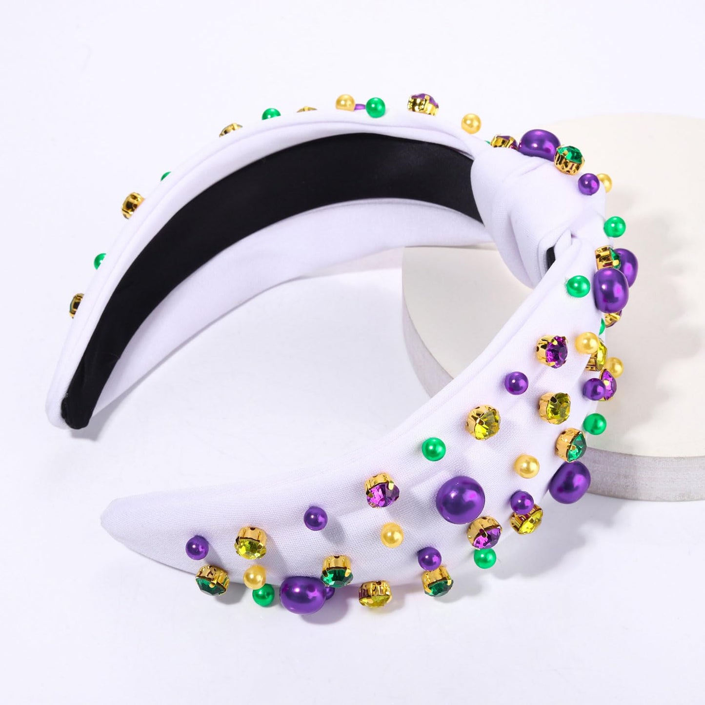 Women's Pearl Rhinestone Beads Jeweled Hairband - Wide Knotted Fashion Accessory for Mardi Gras Carnival Parade Party (white knot hairband B)