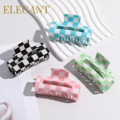 LuSeren 4 Pack 3 Inch colorful Hair Claw Clips for Women, Medium Rectangle Acetate Jaw Clips in Black, Pink,Green, Blue, Stylish Checkered Hair Accessories for Girls