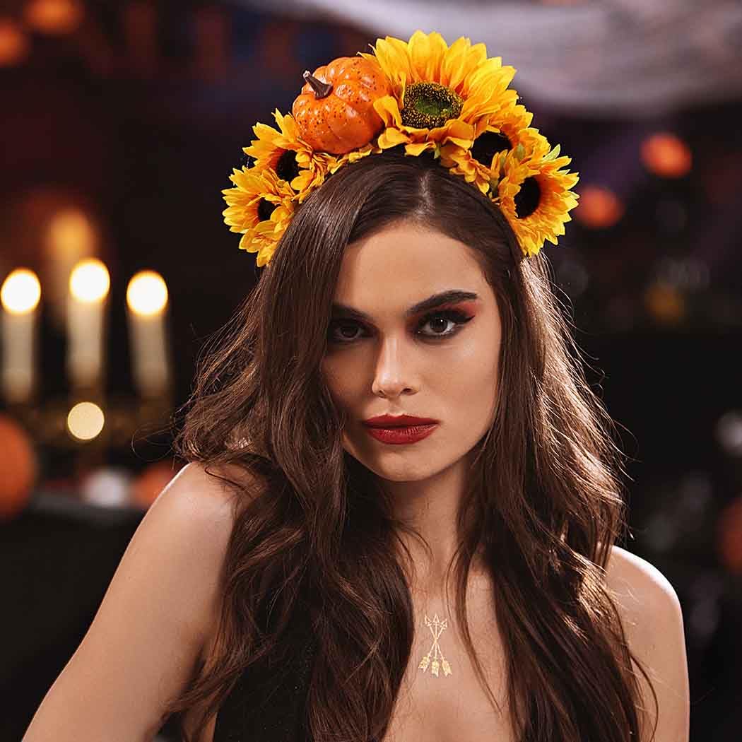 Woeoe Day of The Dead Floral Headband Pumpkin Sunflower Halloween Flower Crown Hairband Festival Costume Party Mexican Floral Headpiece Headdress