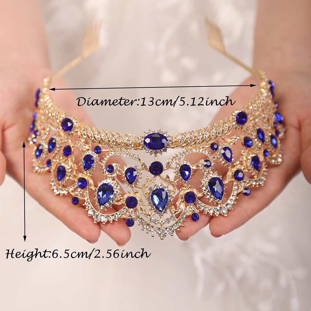 Wekicici Rhinestone Wedding Tiara Charming Blue Gemstone Queen Crown with Comb Headband Wedding Pageant Birthday Party Crowns Princess Headpieces for Women Girls(Blue)