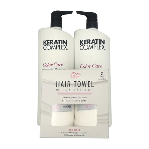 FIUL Keratin Hair Color Care Set - Smoothing Shampoo & Conditioner + Super Absorbent Microfiber Towel