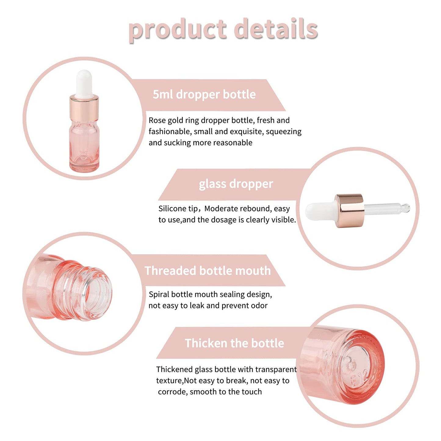 Kesell 8 Pack 5ml Pink Dropper Bottles, Empty Refillable Glass Sample Vials Essential Oils DIY Perfume Travel Container, With Rose-Gold Cap And 3 Funnels