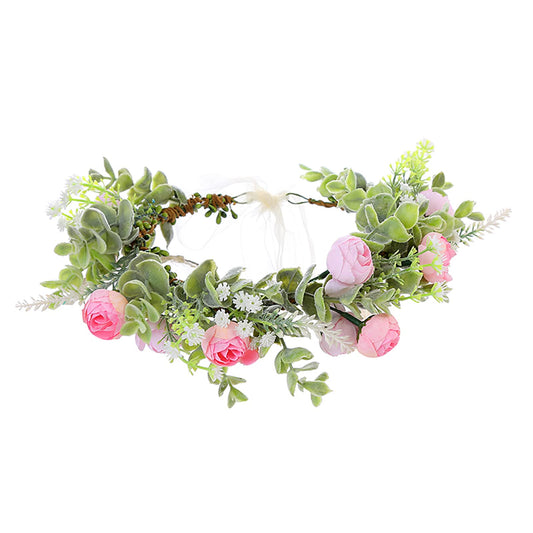 Vivivalue Women Flower Crown Flower Garland Headband Hair Wreath Floral Headpiece Halo Boho with Ribbon Wedding Party Photos Pink