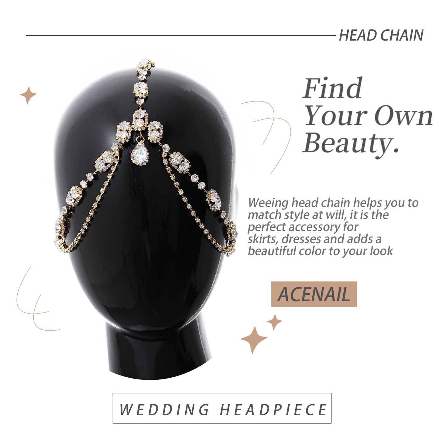 Acenail Rhinestone Head Chain Hair Jewelry Wedding Bride Headpieces Gold Headbands Women Head Jewelry Boho Hair Chains Bridal Halloween Hair Accessories (Gold)