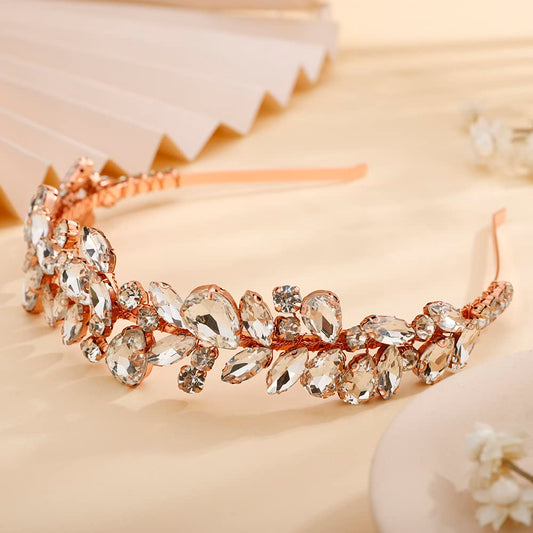 Teyglen Rose Gold Crystal Handmade Hair Hoop Headband Vintage Wedding Headpiece for Women Girl