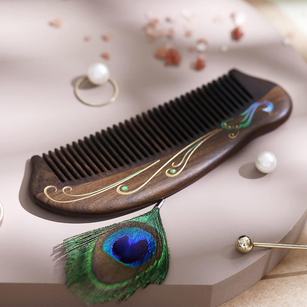 TAN MUJIANG Anti-Static Hair Comb - 5.12" Fine Tooth Detangling Comb - Handmade Natural Wooden Design for Women
