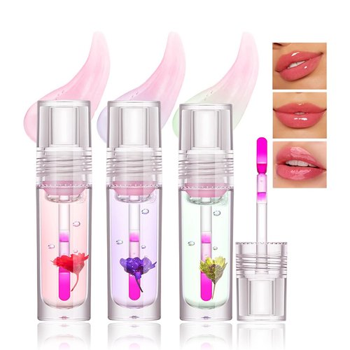 Aaiffey Plumping Lip Glow Oil,Hydrating Tinted Lip Oil Color Changing Lip Gloss Floral Moisturizing Lip Balm Lip Care For Dry Lip Long Lasting Nourishing 3Pack