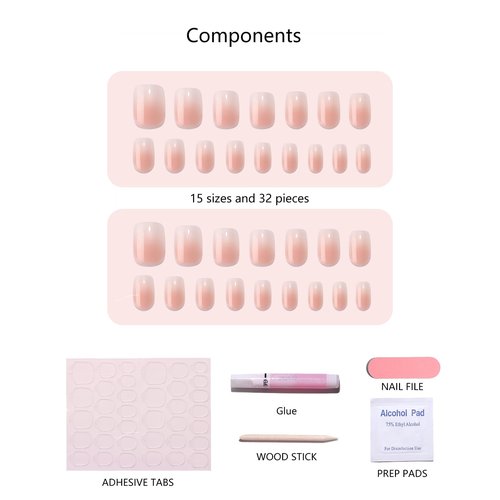 Short Square Press On Nails (Pink Horizon) Reusable Natural Stick On Nails with Glue in 15 Sizes – 32 Soft Gel Fake Nails Kit