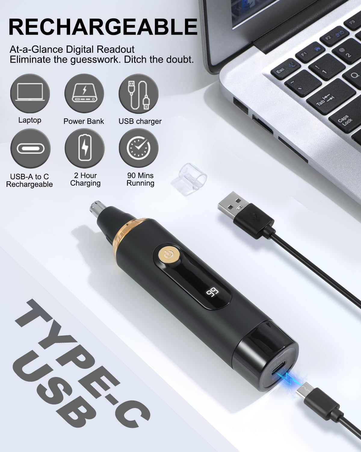Skiennix Nose Hair Trimmer - Professional Painless & Waterproof | USB Rechargeable, LED Display, Black