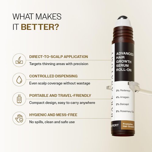 Bare Anatomy Advanced Hair Growth Serum Roll-On - 3% Redensyl, 4% Anagain & 5% Rosemary | Reduces Hair Fall & Promotes Growth | 25ml