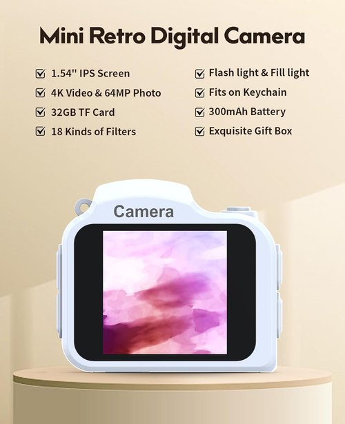 FLATIC Mini Keychain Camera - 4K Retro Camera with 32GB Card & Elegant Gift Box | Perfect for Kids & Adults