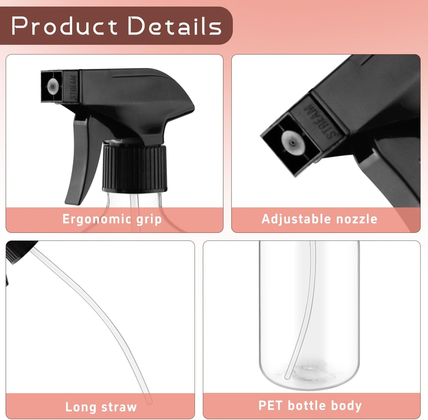 Skiennix 500ml Clear Boston Round Spray Bottles - Adjustable Nozzle for Fine Mist | Reusable Plastic Containers for Cleaning, Hair Care, Gardening