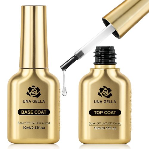 UNA GELLA No Wipe 2PCS Gel Top Coat Base Coat Set, Highly Glossy Top Coat Gel Nail Polish Strengthen and Acid-Free Clear Nail Base Soak Off, Key to Manicure for Her (U V Cure Need)