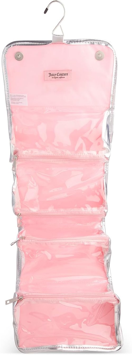 Juicy Couture Pink Makeup Bag - Stylish Cosmetics Organizer with Hanging Hook & Rhinestone Crown