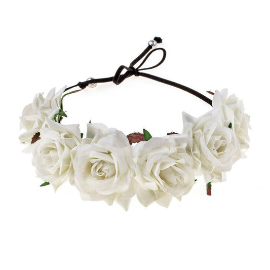 Floral Fall Rose Red Rose Flower Crown Woodland Hair Wreath Festival Headband F-67 (Ivory)