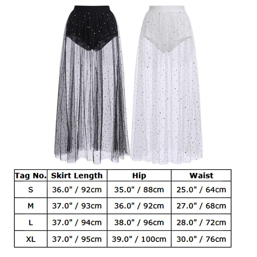 Women's Sheer Mesh 2 in 1 Glitter Sequin Elasticized High Waist A Line Party Maxi Skirt Sparkle Galaxy Sequin Tulle Cover ups Festival Outfits Costume Black Stars S