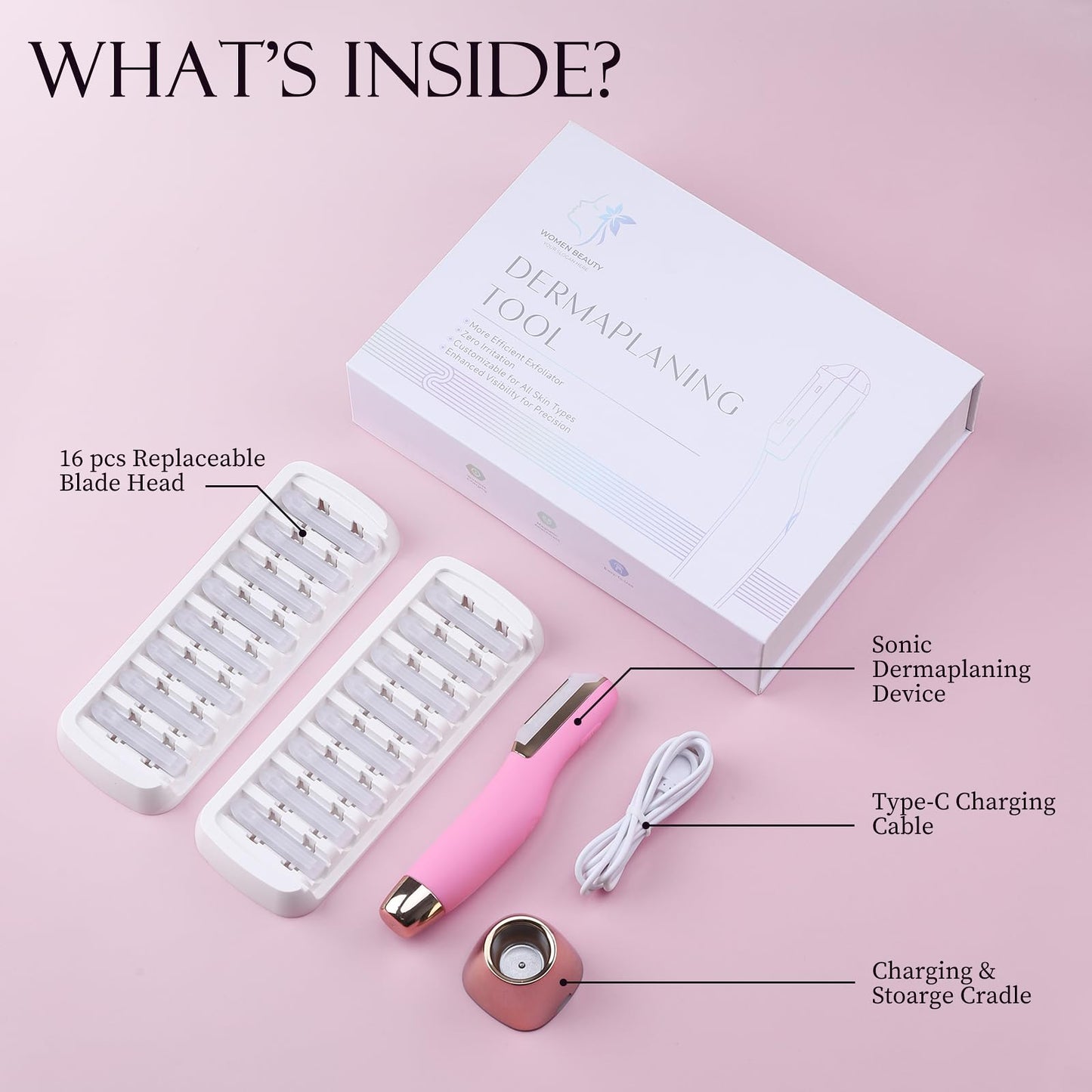 Dermaplane Razor for Women Face, Dermaplaning Tool for Exfoliating and Peach Fuzz, Facial Hair Removal with Sonic Edge Technology Beauty Tool with Wireless Charging & 16 Replaceable Blades(Pink)