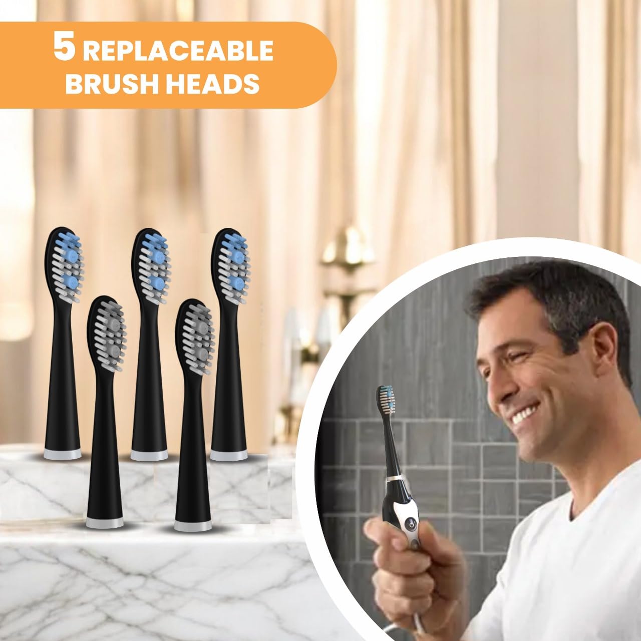 Sonic Electric Toothbrush - Rechargeable Power Brush with 5 Heads & Travel Case | Black, 3 Modes, Soft Bristles
