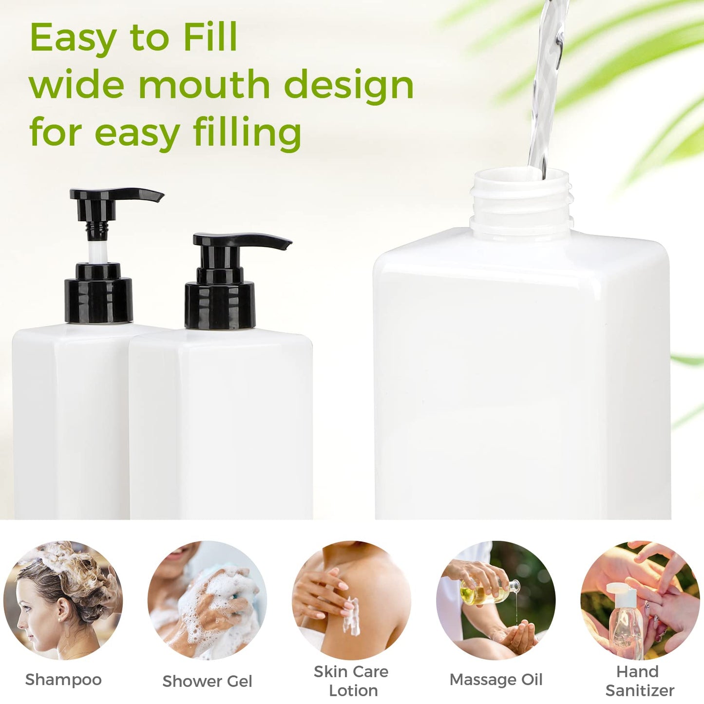 Suream 3Pack Empty Plastic Bottles with Pump, 16.9oz Refillable Shampoo Bottles for Shower, Lotion Press Dispenser, White Countertop Container for Shampoo, Conditioner, Body Soap, Hand Sanitizer, Oil