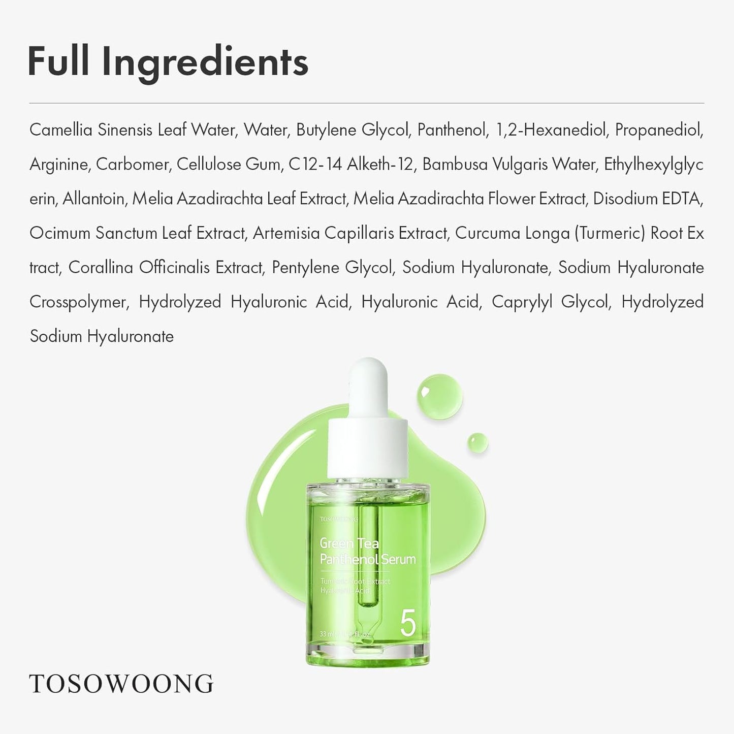 TOSOWOONG Green Tea Serum - 60% Panthenol for Calming & Hydration | 33 ml Korean Skincare