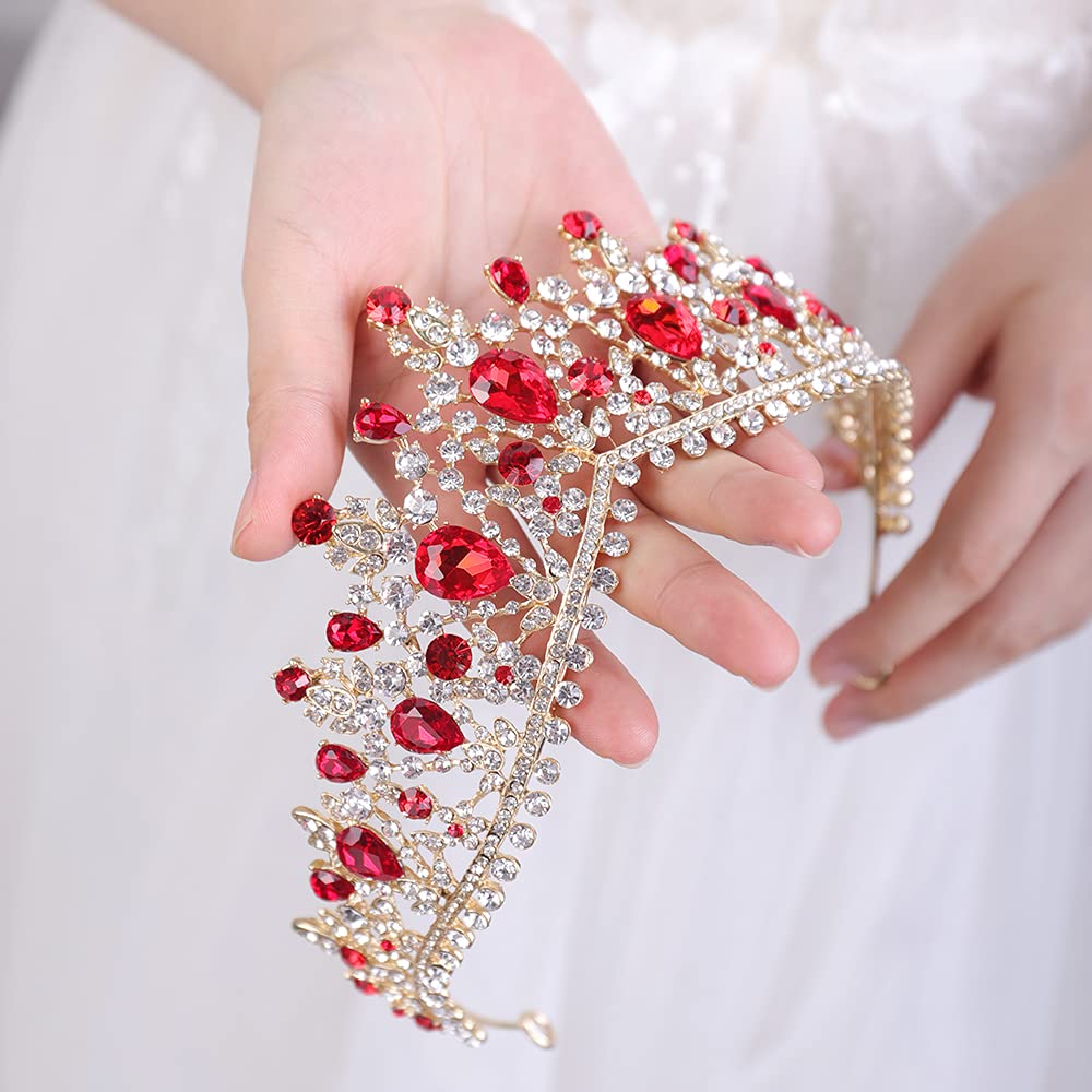 JWICOS Rhinestone Princess Crowns for Women and girls Wedding Bridal Party (red and gold)