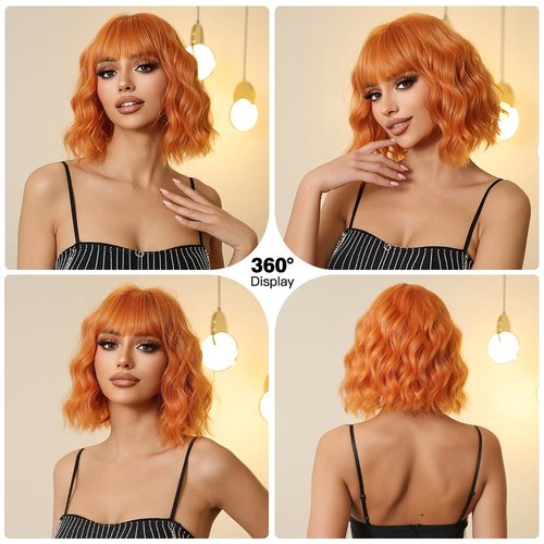 Allbell Ginger Orange Wigs for Women, Short Wavy Bob Wig,Bob Wig with Bangs,Synthetic Short Curly Wave Wigs, Costume Wig,Pastel Wig, Fiber Hair Wigs for Cosplay