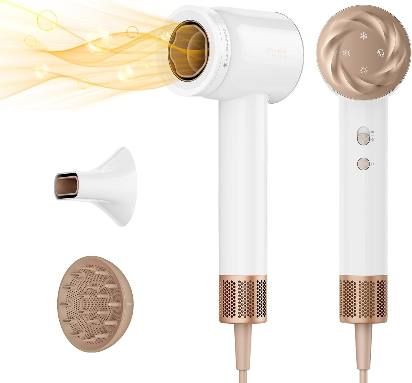 Dreame Glory Mix High-Speed Hair Dryer - Dual Voltage, 3 Magnetic Nozzles, Lightweight White Design